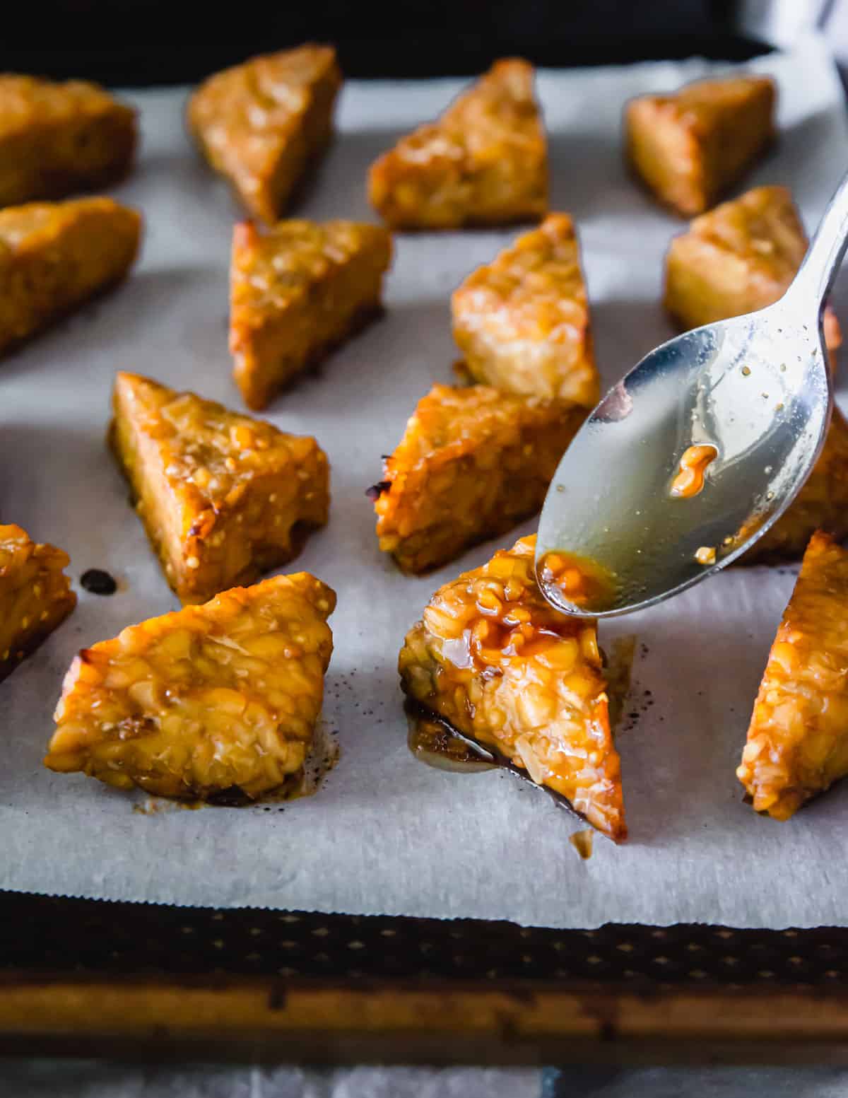 Simple oven baked crispy marinated tempeh.