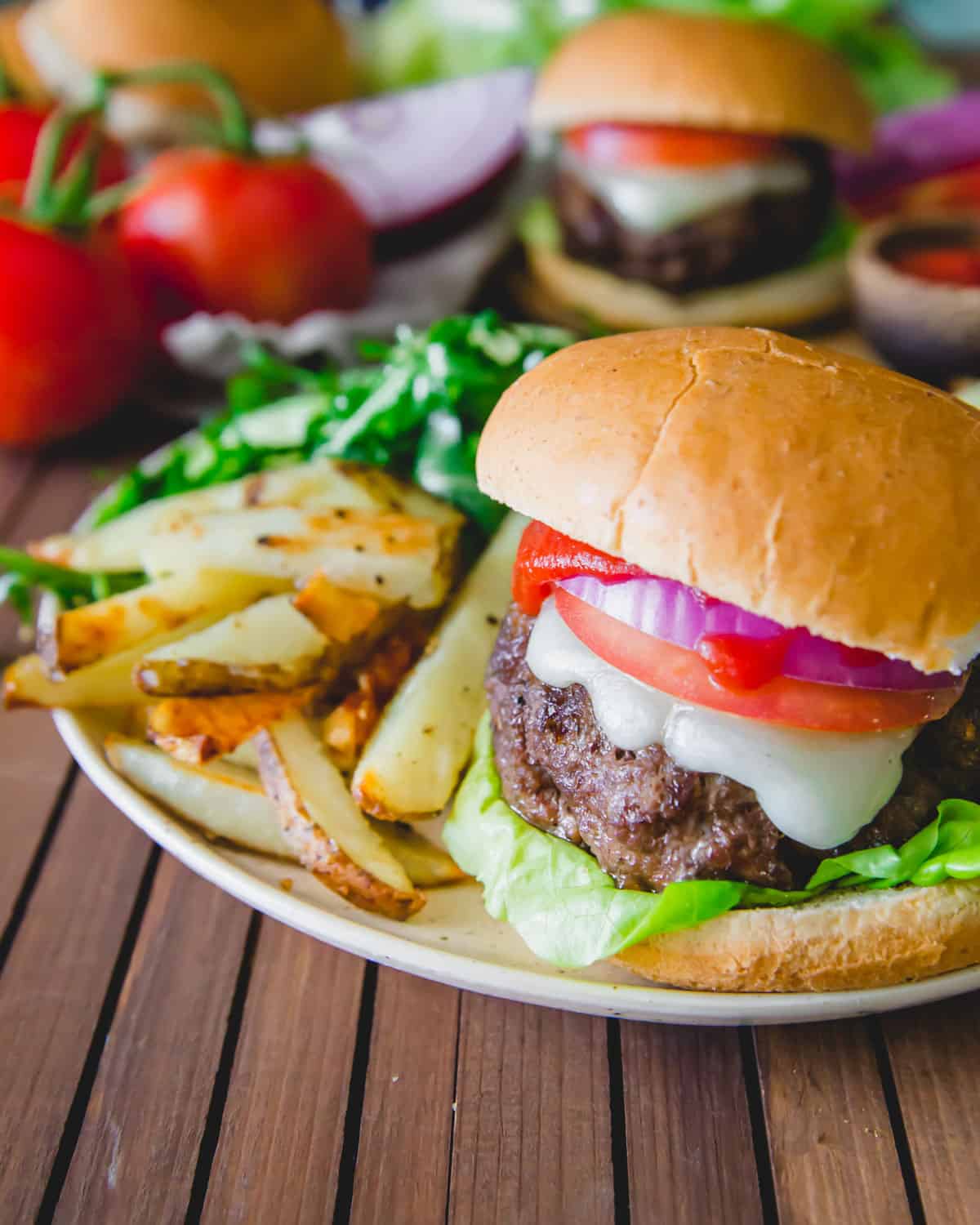 Perfectly grilled and juicy elk burger on a bun with melted cheddar, lettuce, tomato, red onion and ketchup. Served with fries and a salad.