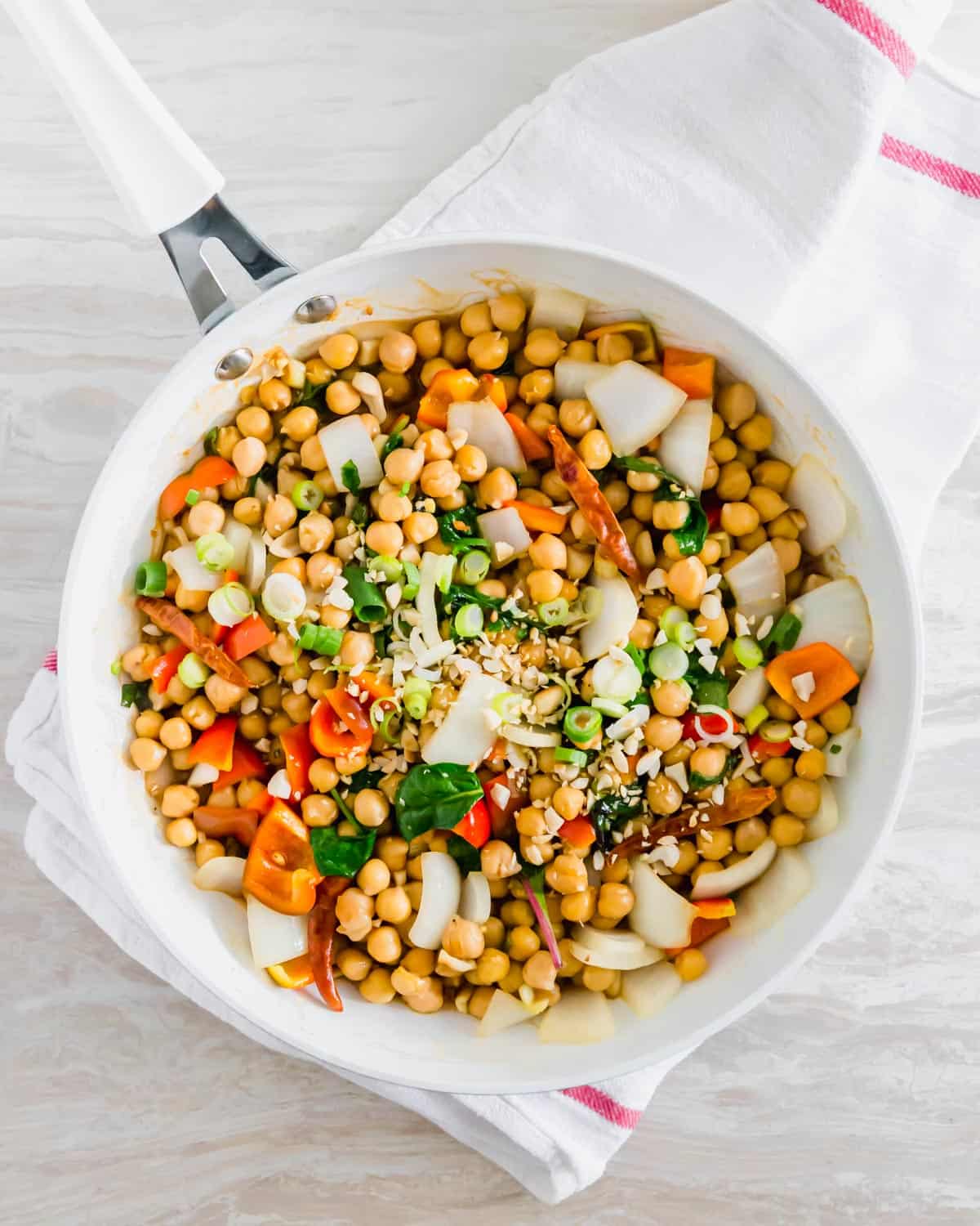 How to make takeout Kung Pao with chickpeas for a plant based twist to the classic Chinese dish.