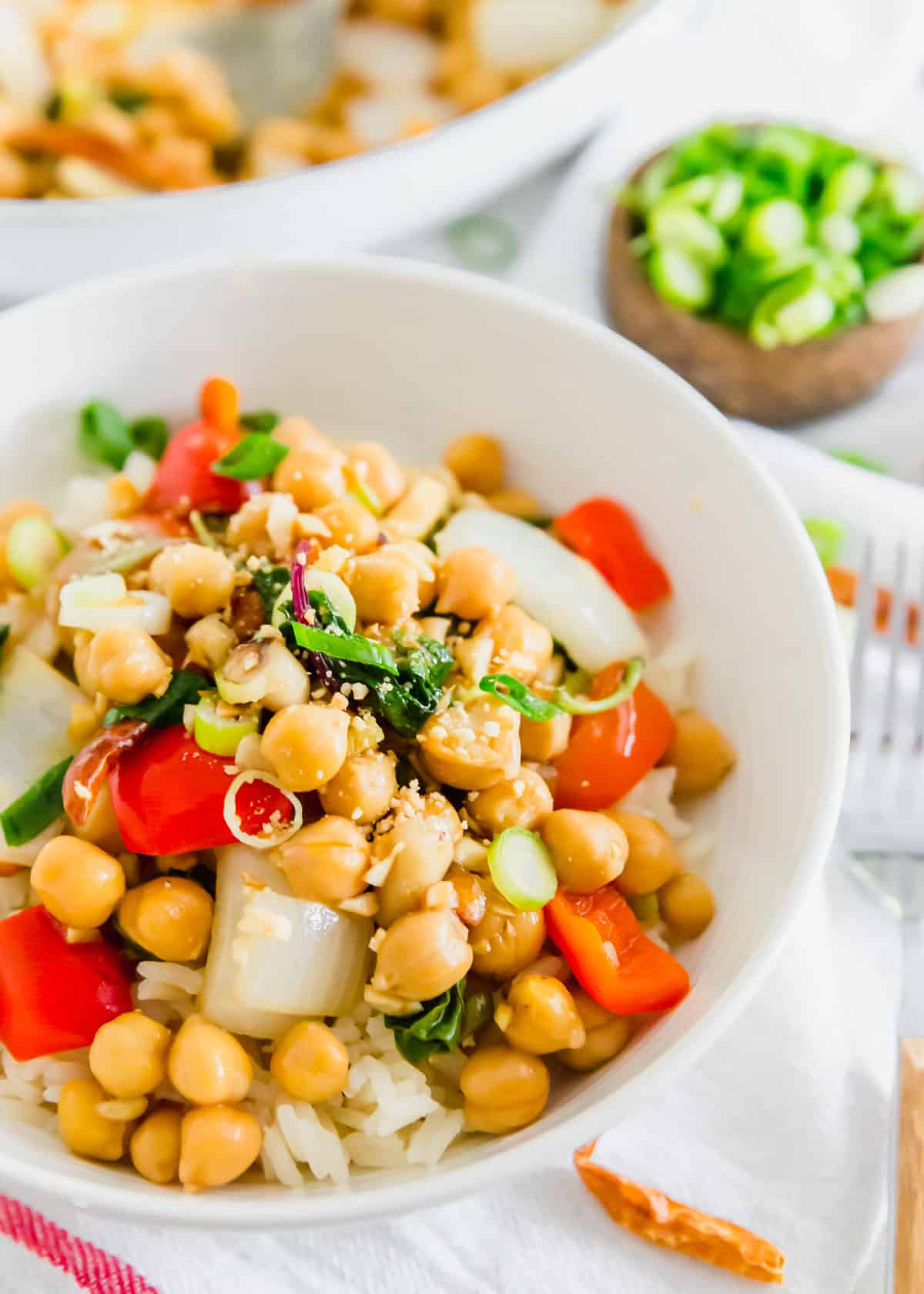 Enjoy your favorite Chinese takeout meal with a vegan twist in this Kung Pao chickpea recipe. The sauce is a perfect recreation with tons of bold flavors making this dish taste just like the original with a simple protein swap!