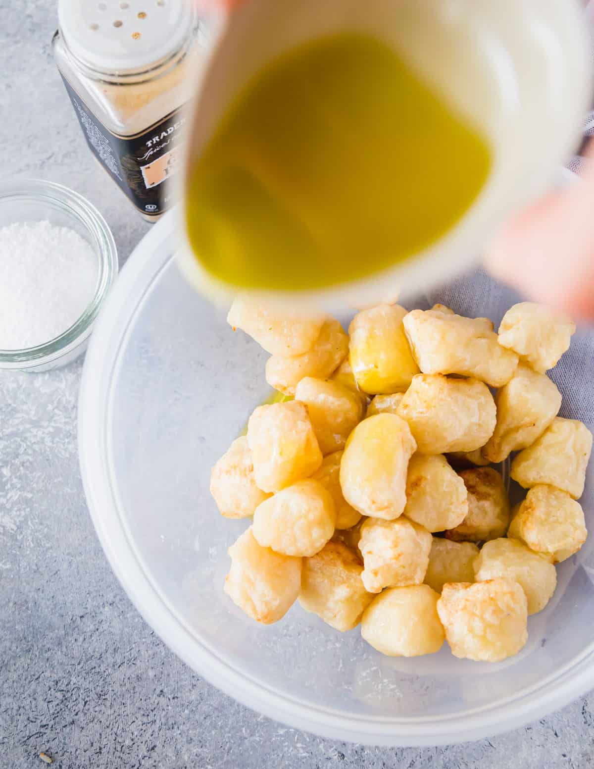 After air frying, cauliflower gnocchi can be enjoyed as a simple main dish by tossing with olive oil, garlic powder and salt.