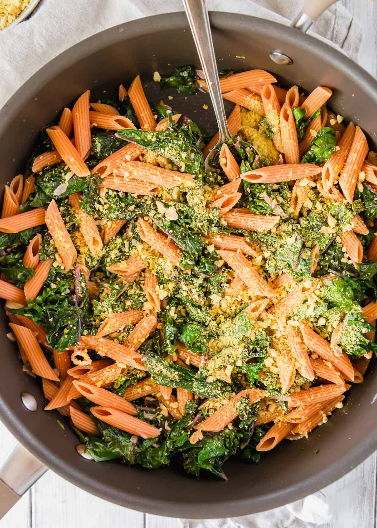 An easy pasta dinner that uses red lentil penne pasta for a gluten-free alternative.