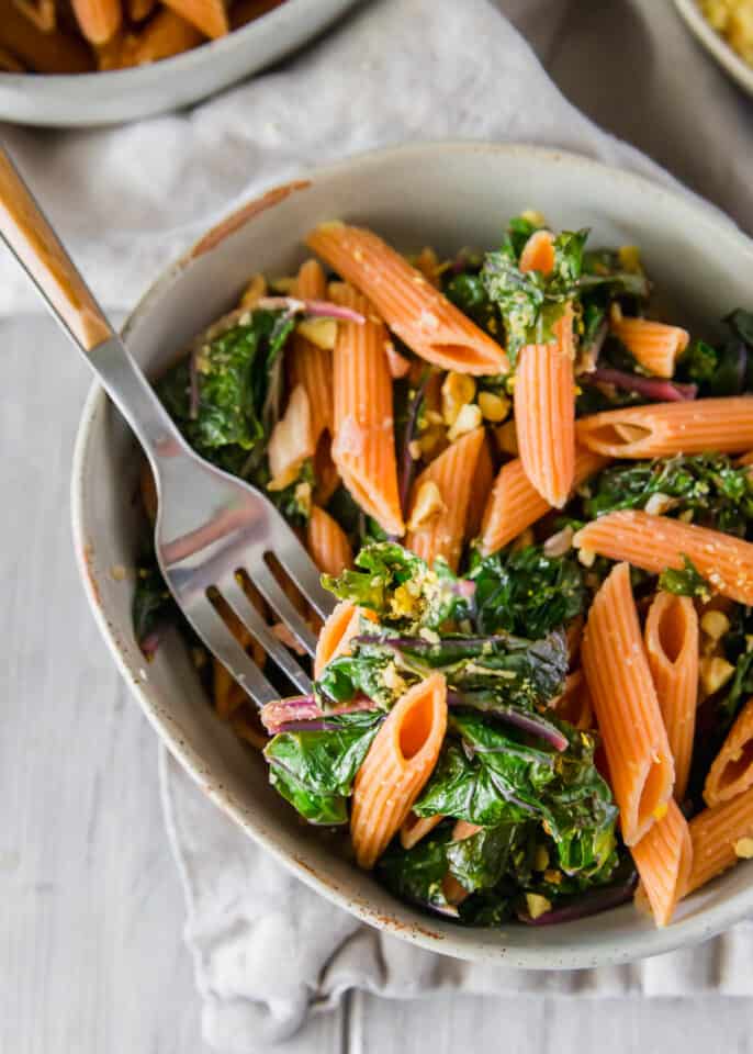 Red Lentil Pasta - With Garlicky Lemon Greens and Walnuts