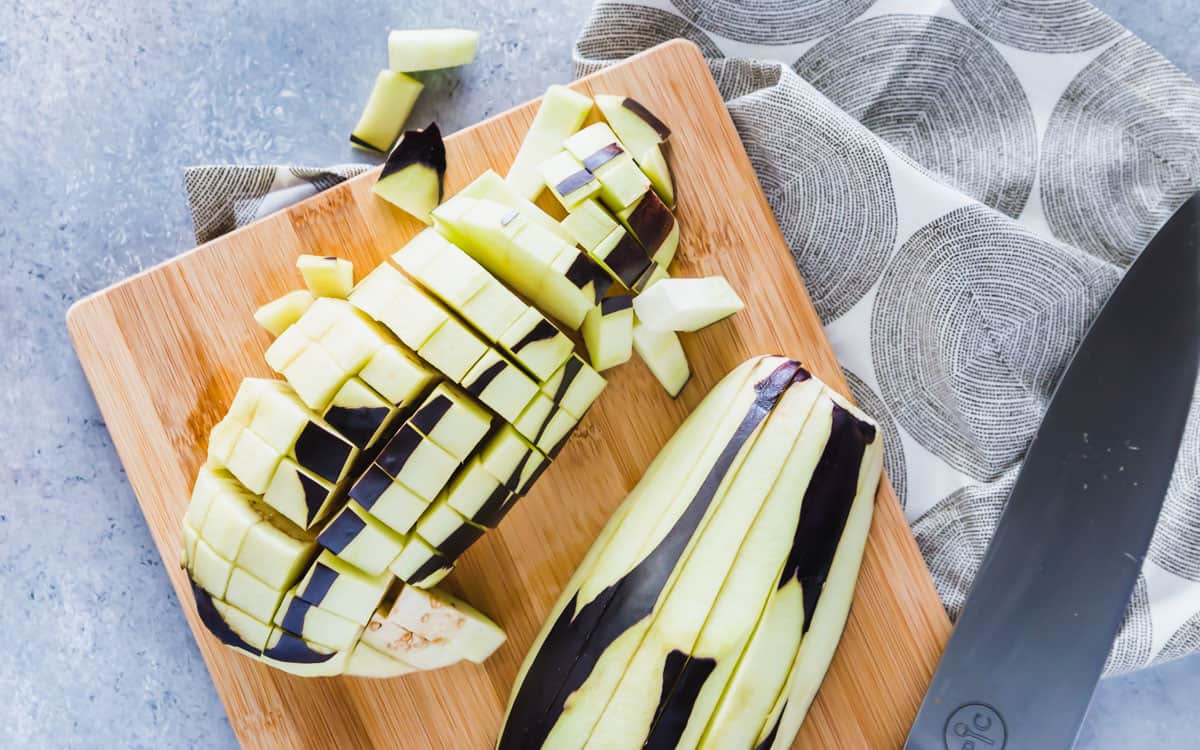 How to chop a large eggplant into cubes for air frying.