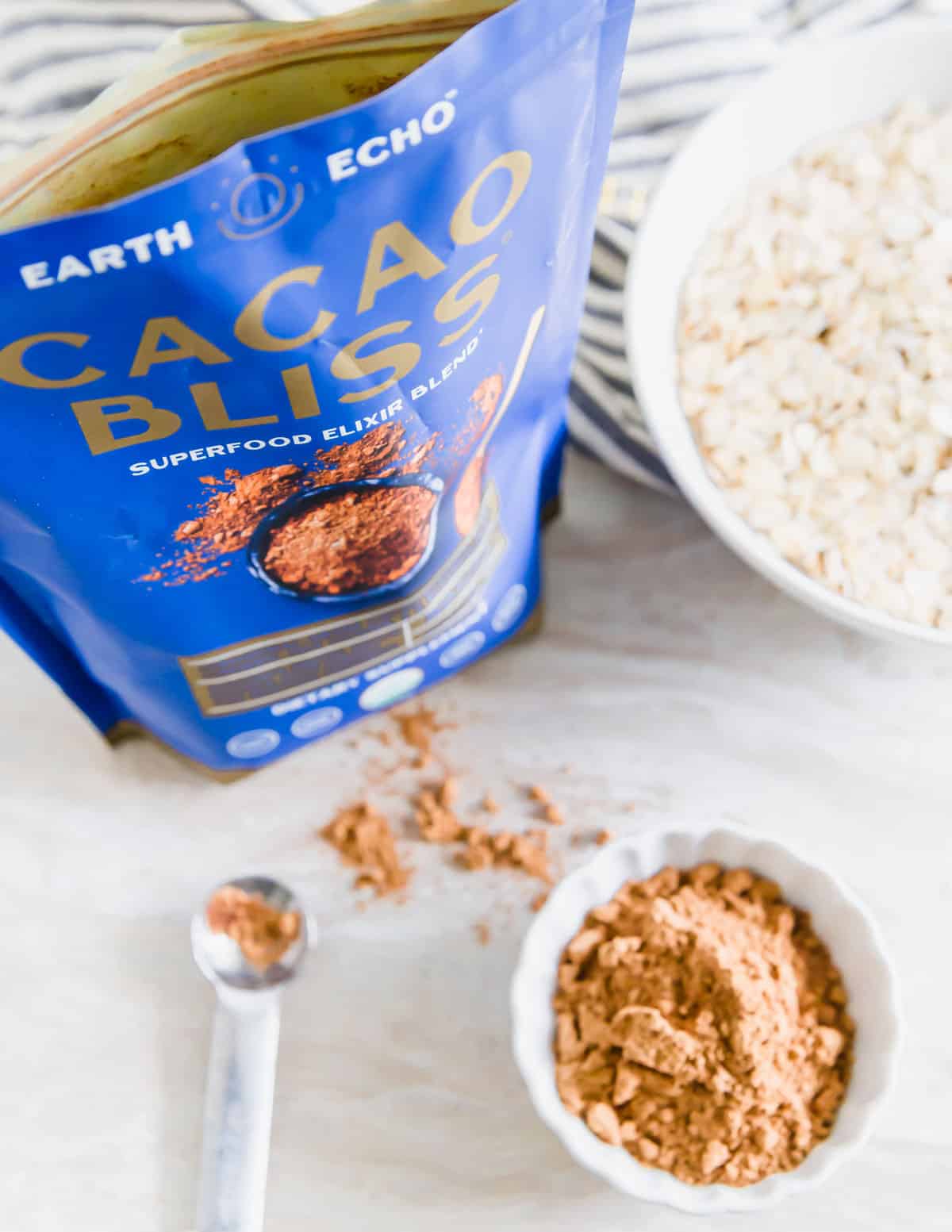 Cacao bliss is used as the cacao powder in this recipe for baked chocolate oats.