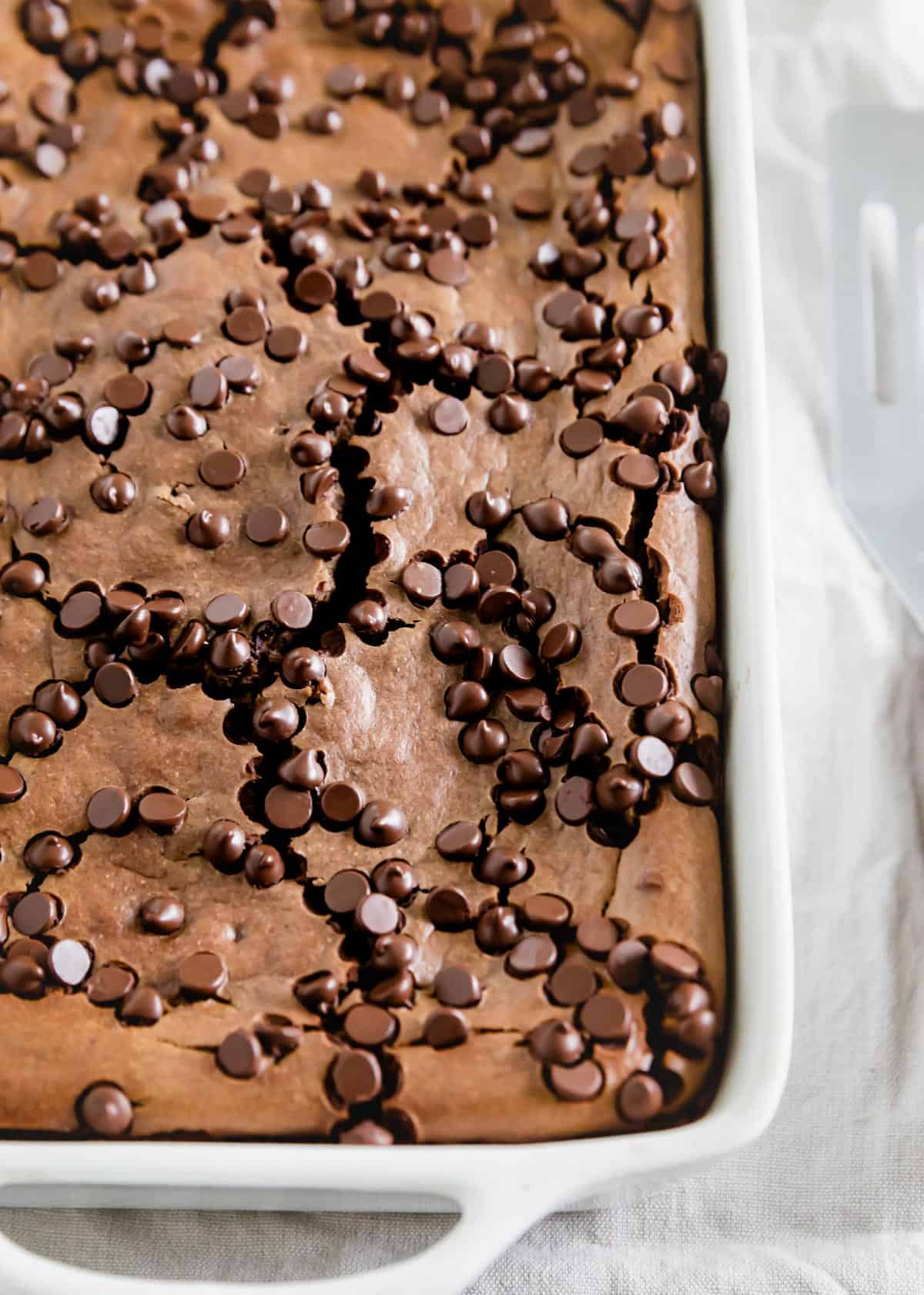 Close up of the baked chocolate oats with mini chocolate chips on top in a baking dish.