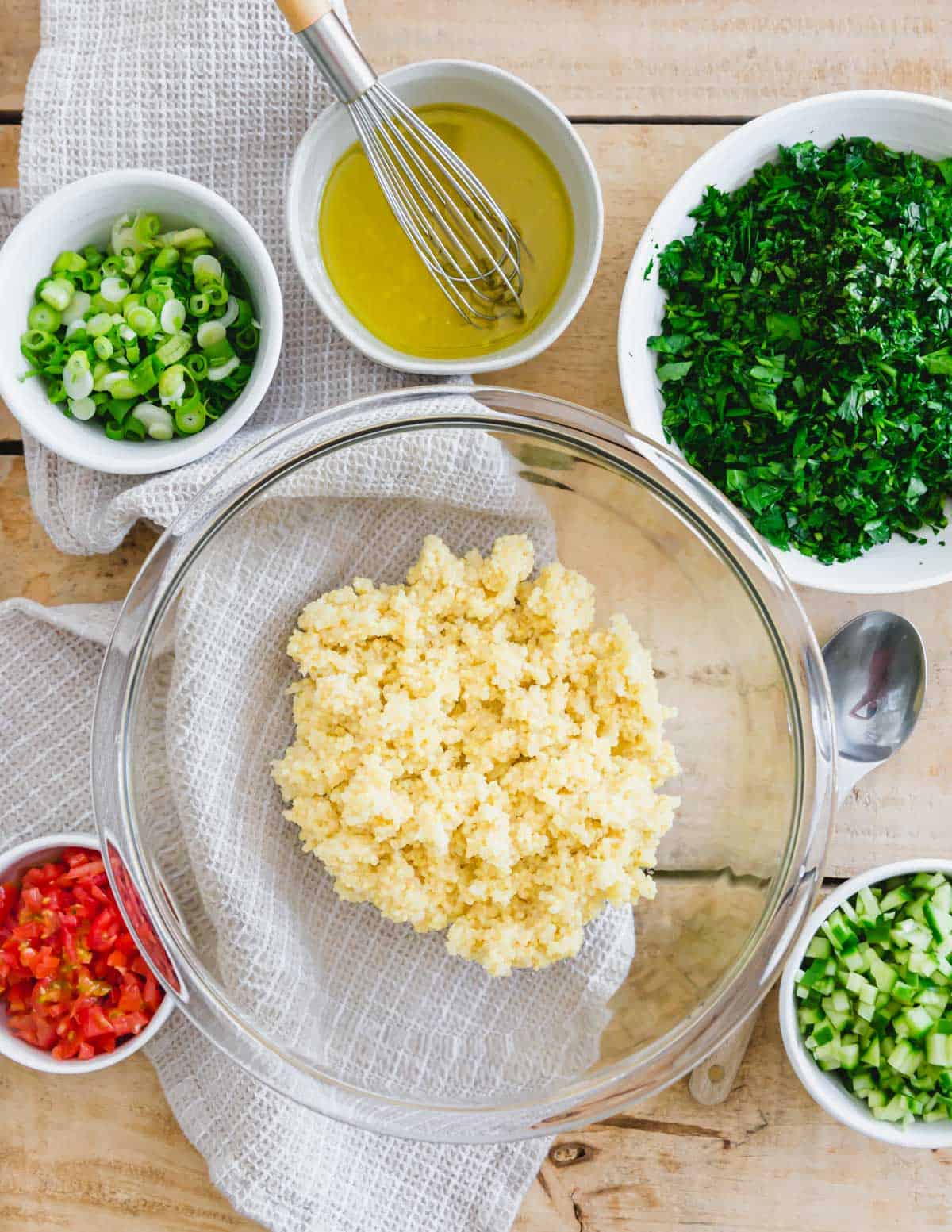 Ingredients to make millet tabbouleh recipe.