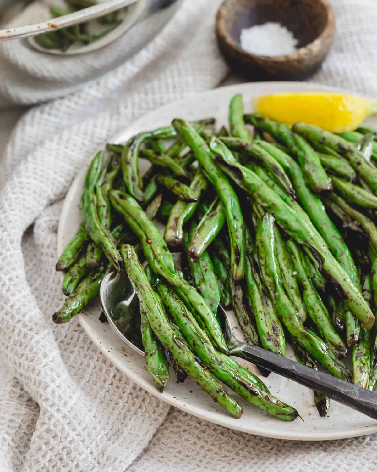 Grilled green bean side dish for easy summer meals.