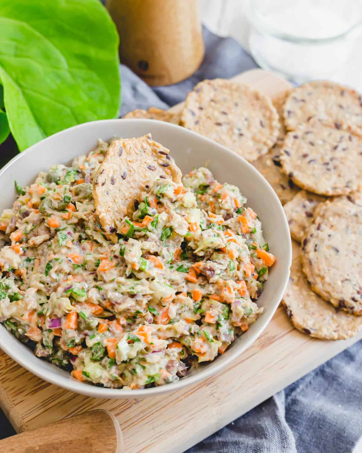 Prepared sardine salad with Mary's Gone Crackers for serving.