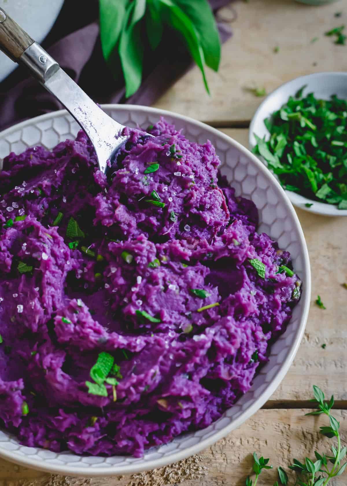 Spoonful of purple mashed sweet potatoes.