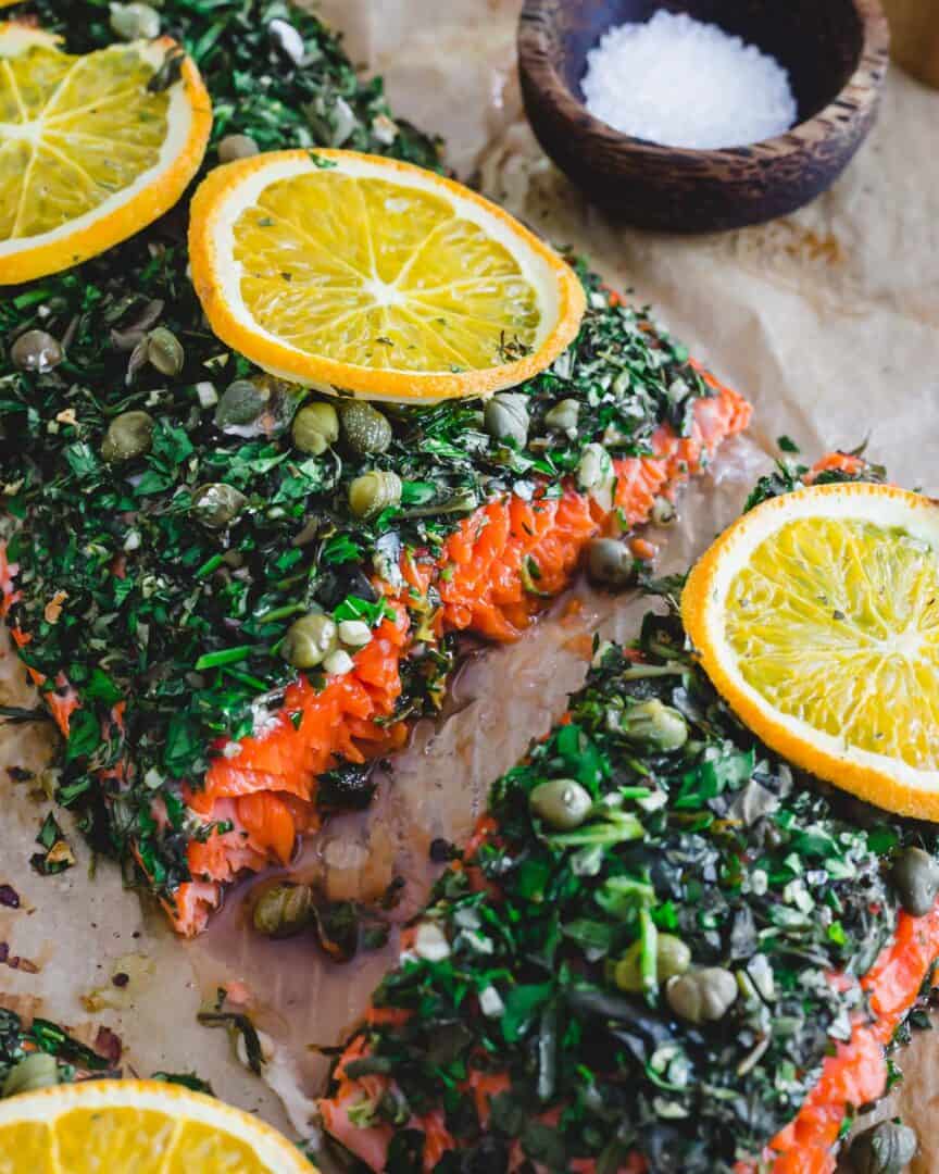 Baked Wild Sockeye Salmon Recipe - with Herbed Garlic Caper Crust