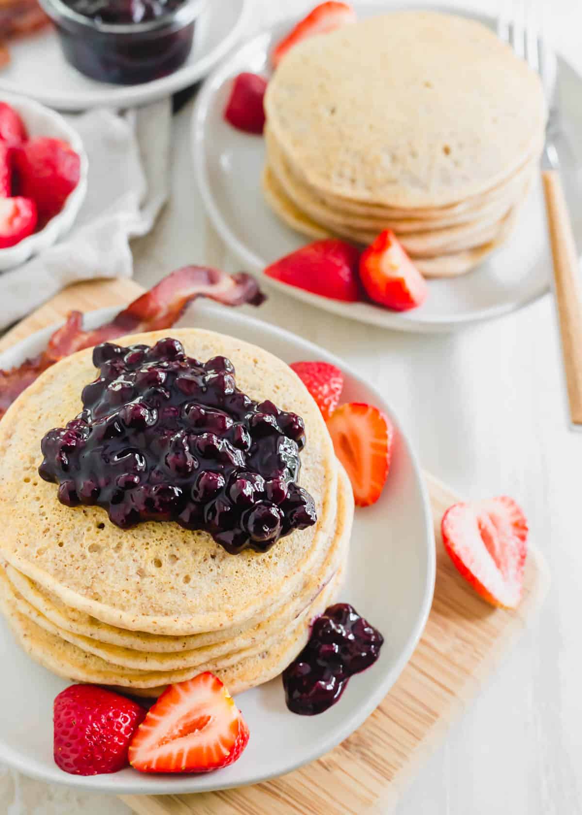 Gluten-free and vegan cassava flour pancakes with blueberry compote.