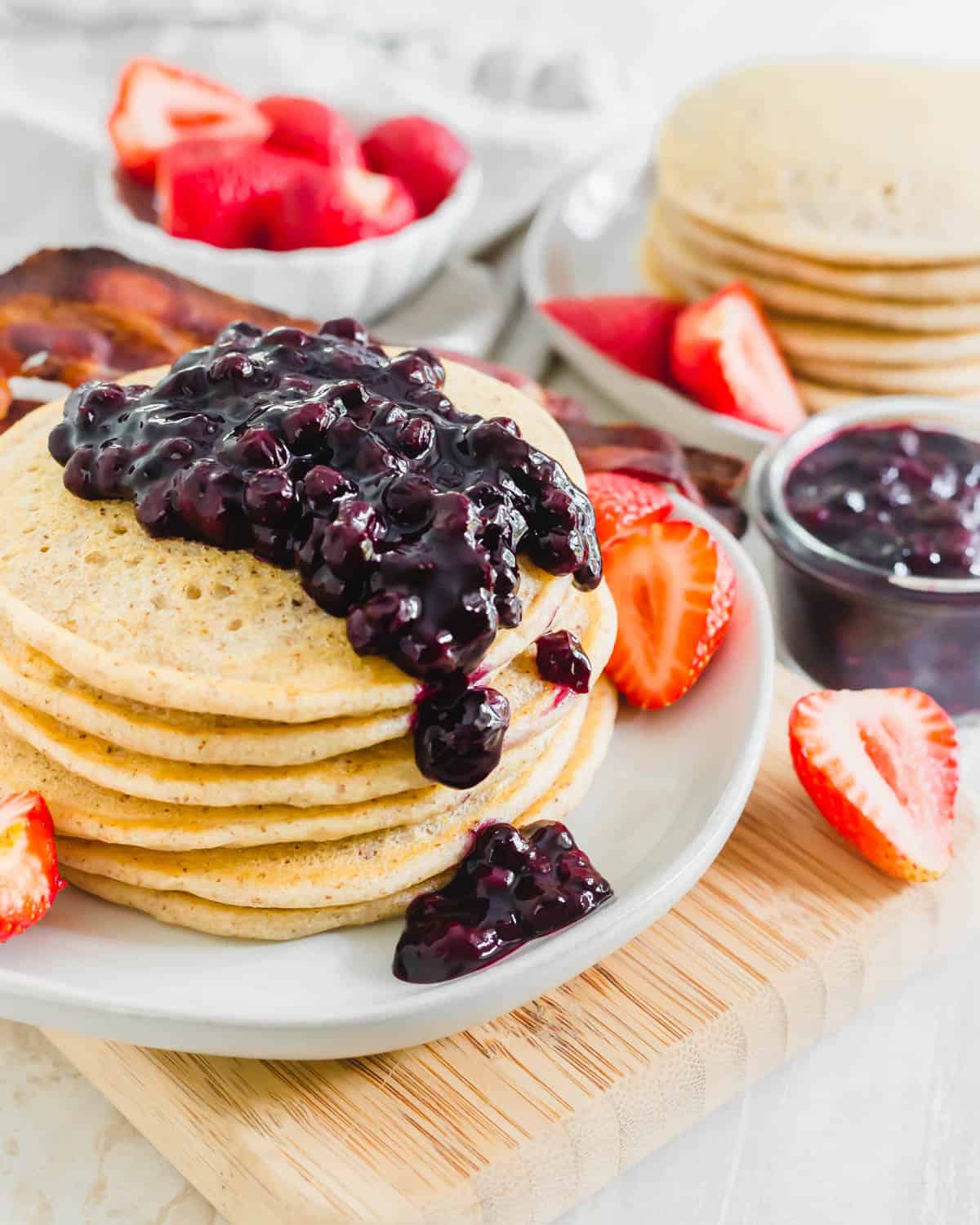 Light and fluffy cassava flour pancakes served with blueberry jam.