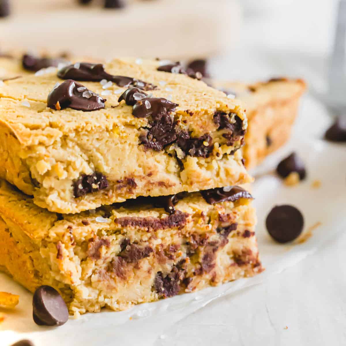 Chickpea blondies recipe with chocolate chips and garnished with flaky sea salt.