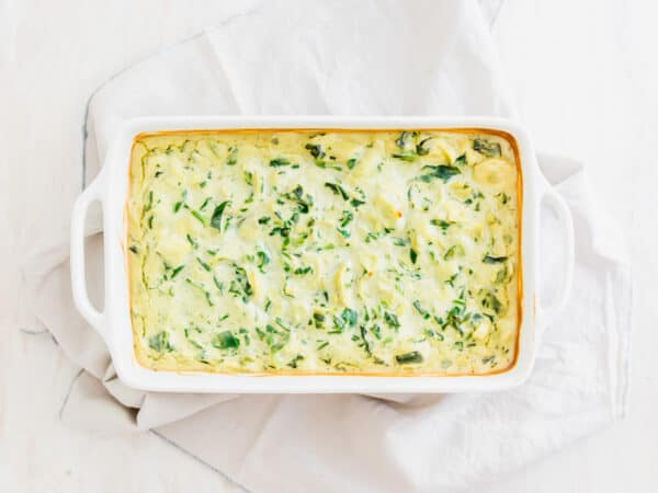 Baked vegan spinach artichoke dip hot out of the oven.