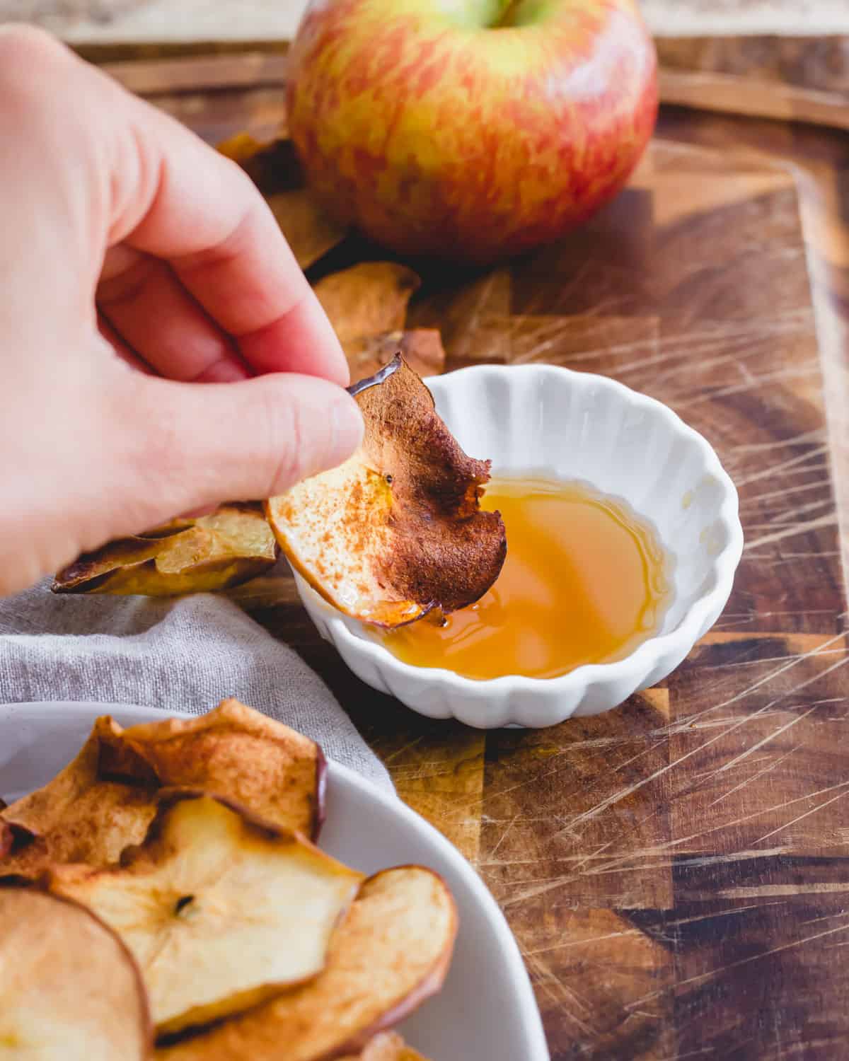 Cinnamon apple chip dipped in maple syrup.