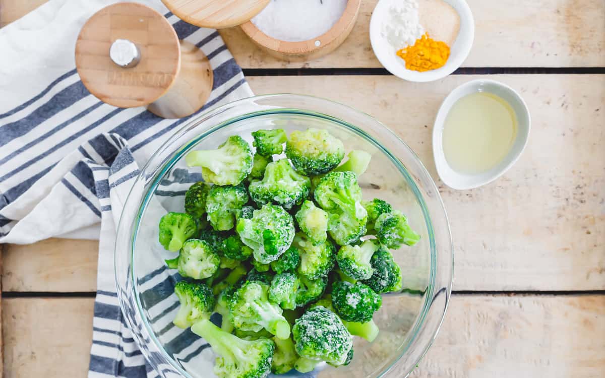 frozen broccoli florets with spices and avocado oil