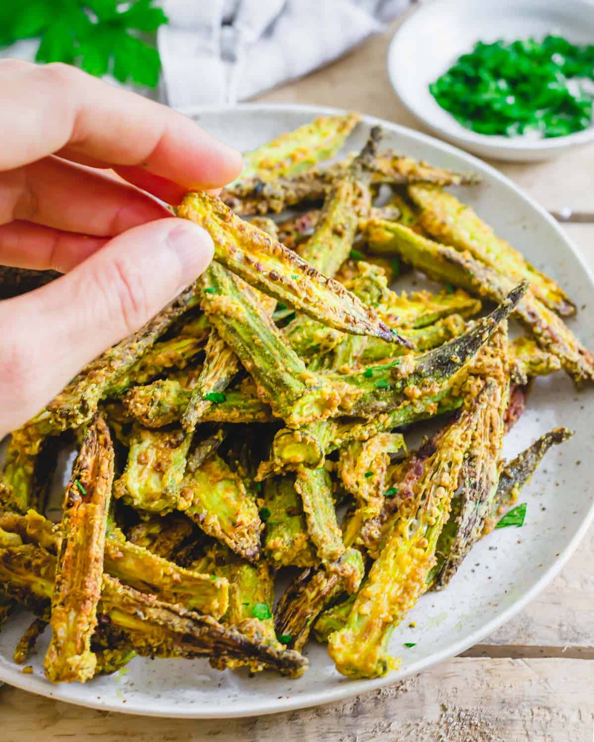 Crispy okra fries made in the air fryer with simple seasonings in just 20 minutes.