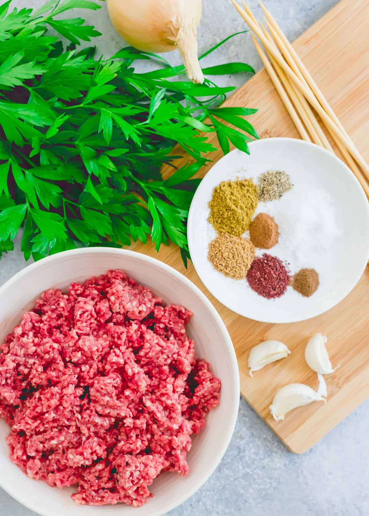 Ingredients to make beef kafta (kefta).