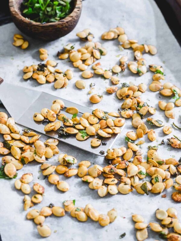 Roasted delicata squash seeds.