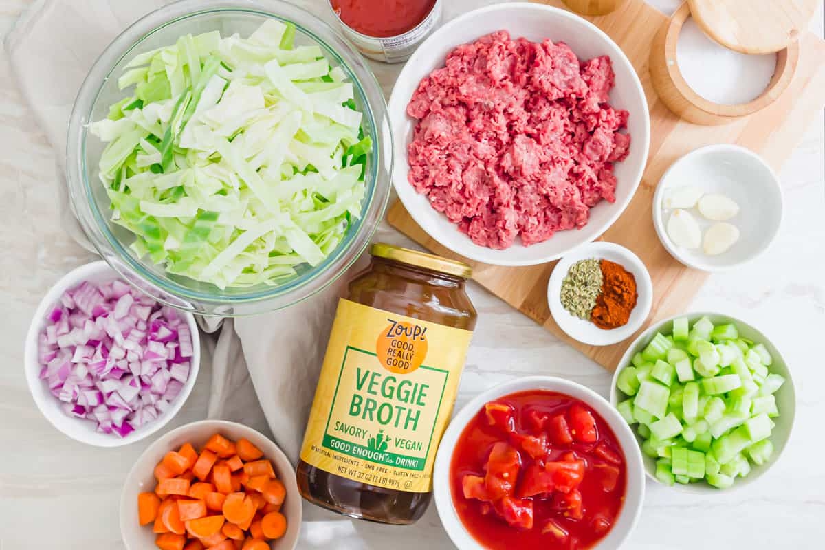 Ingredients to make cabbage soup with ground beef in the Instant Pot.