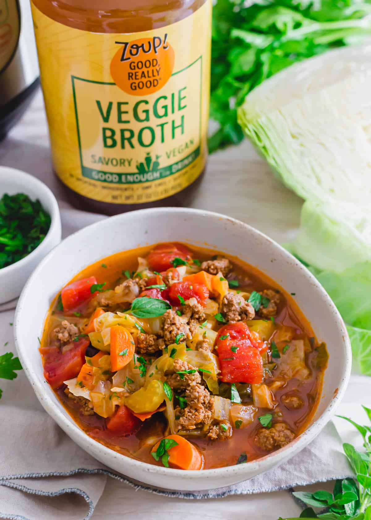 Instant Pot cabbage soup recipe in a serving bowl.