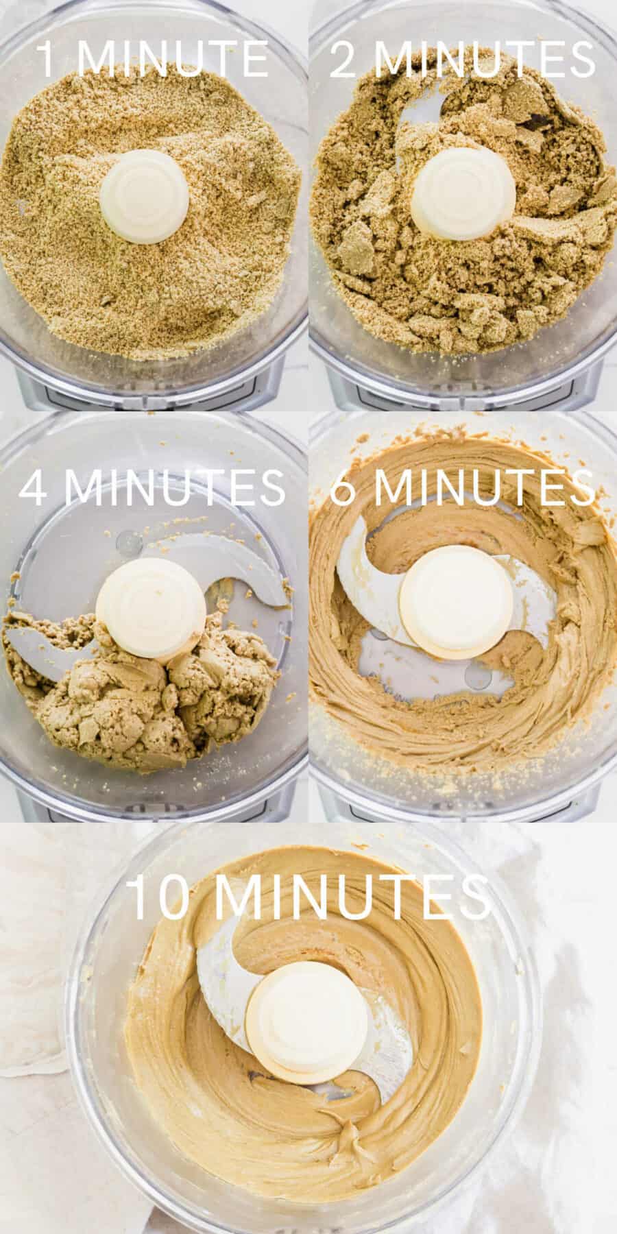 The stages of making pumpkin seed butter in a food processor over 10 minutes.