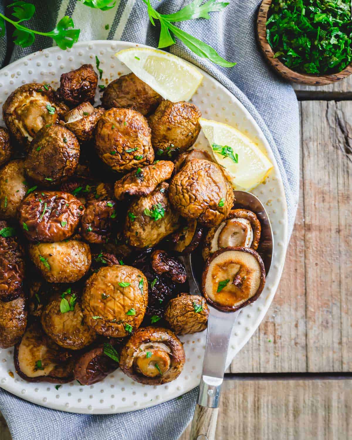 Air fryer mushrooms seasoned with garlic soy sauce.