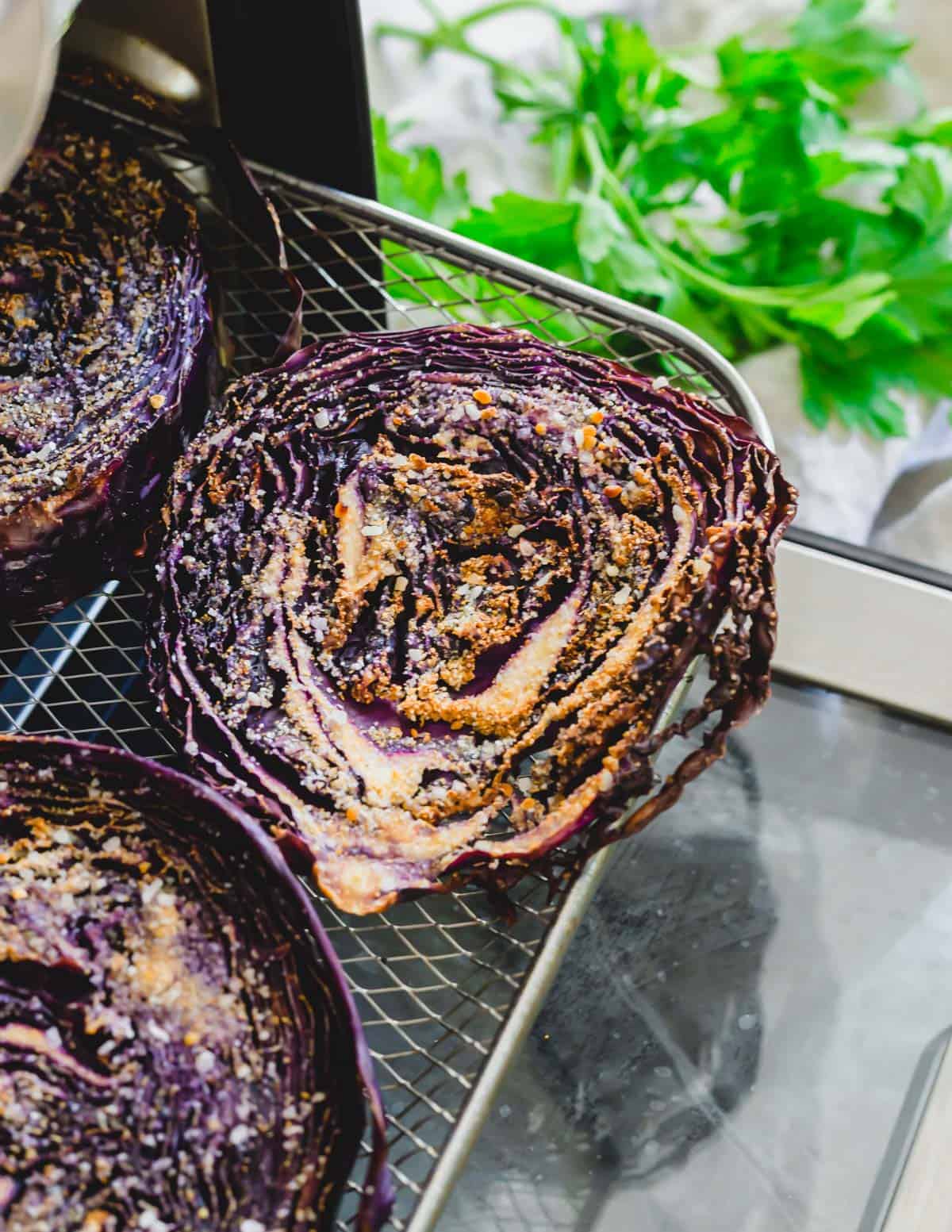 Roasted air fryer cabbage steaks.