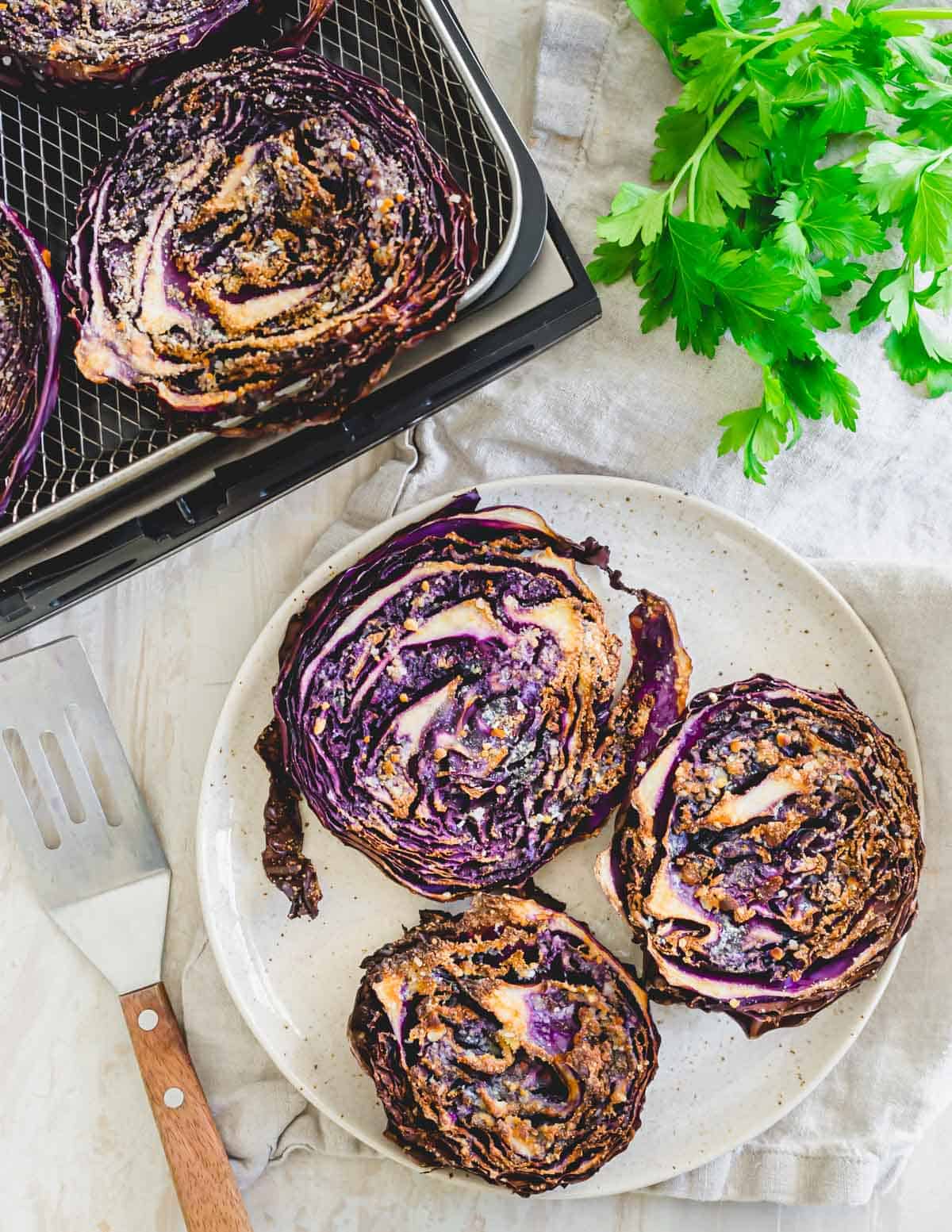 Garlic, onion and salt roasted cabbage cooked in the air fryer.