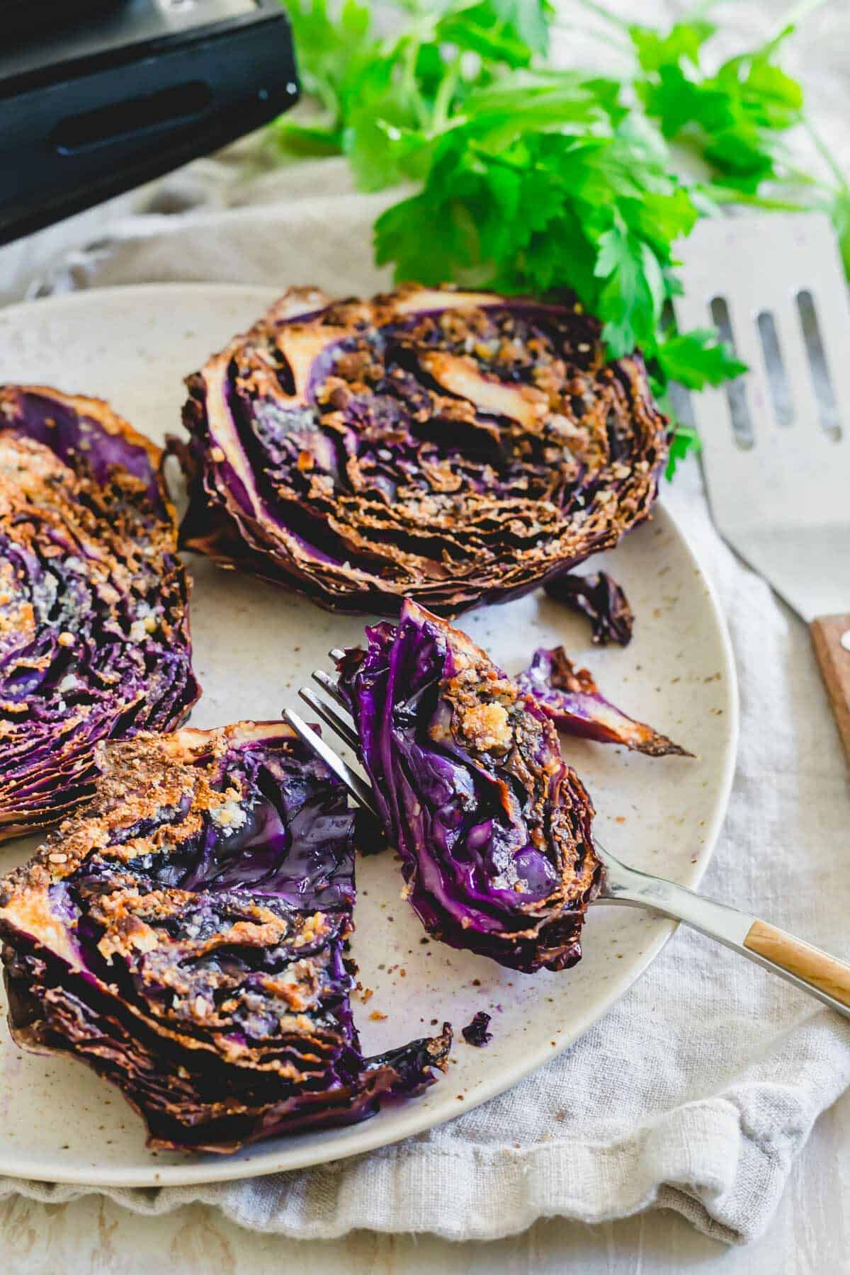Crispy roasted air fried red cabbage.