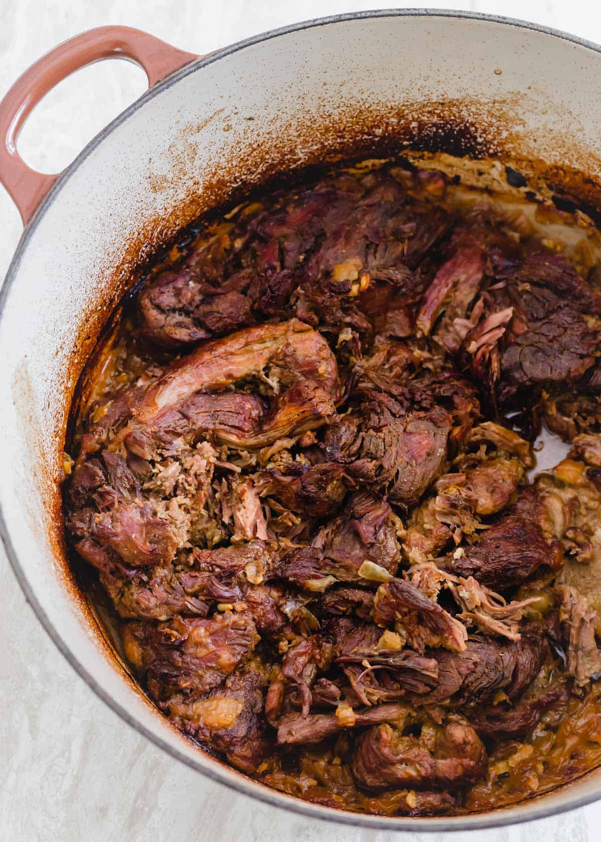 Boneless leg of lamb after braising for 3 hours in a Dutch oven.