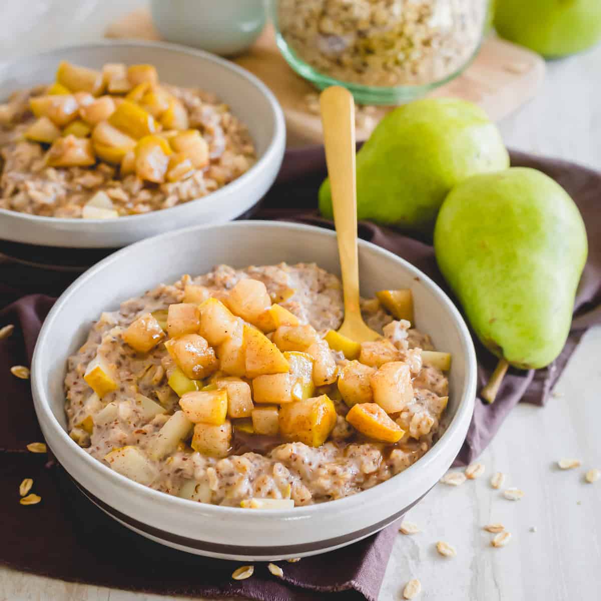Caramelized pear oatmeal with chia seeds.