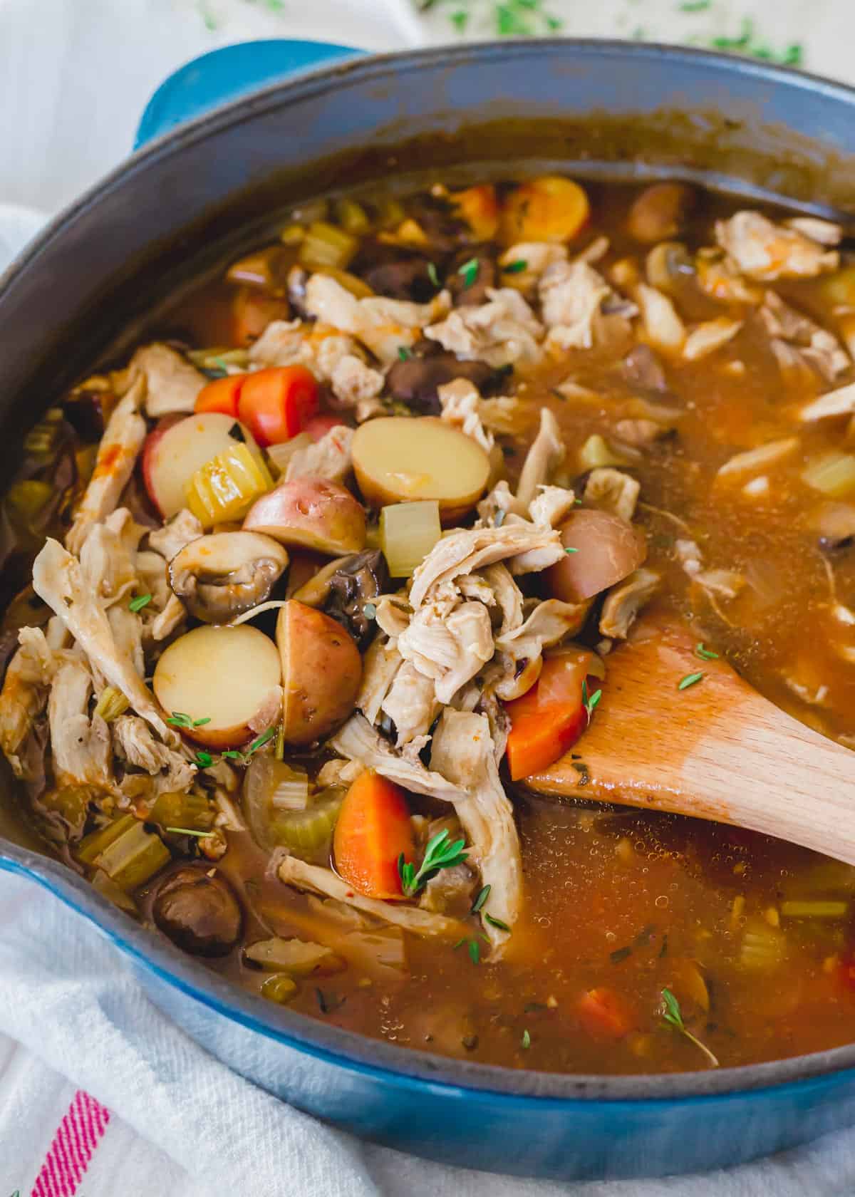 Leftover turkey stew recipe in a pot.