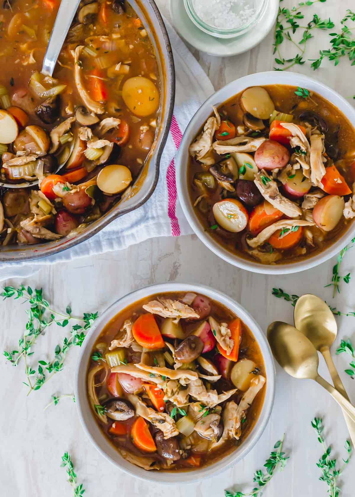Hearty turkey stew with red potatoes and mushrooms.
