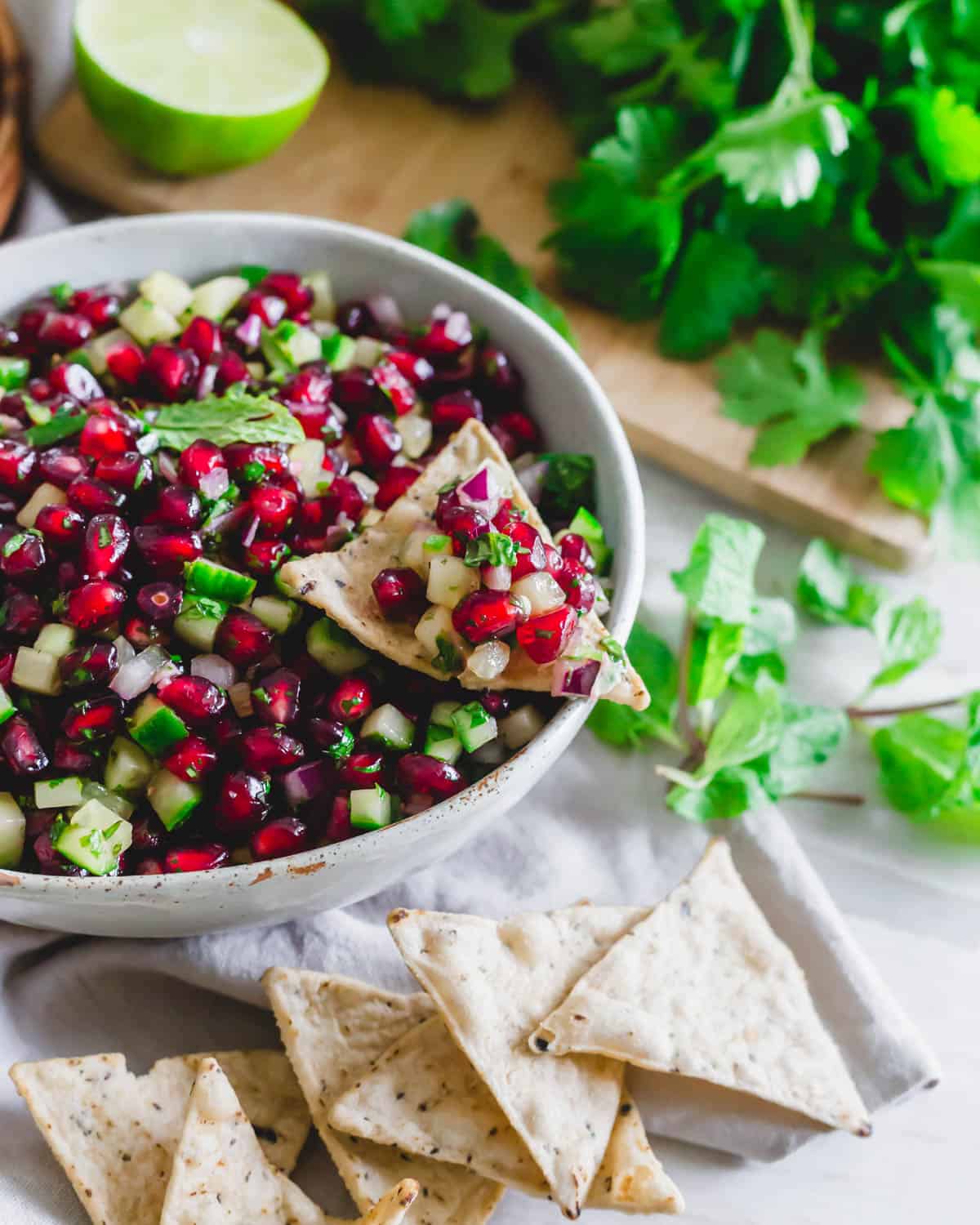 Pomegranate salsa on a tortilla chip.