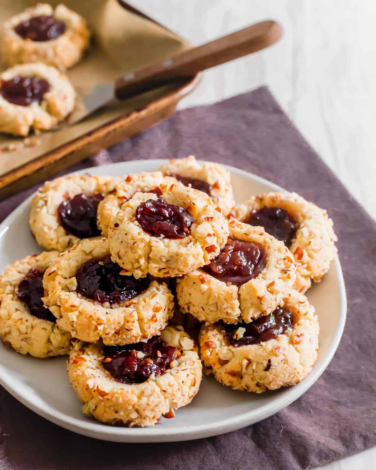 Vegan thumbprint cookie recipe on a plate.