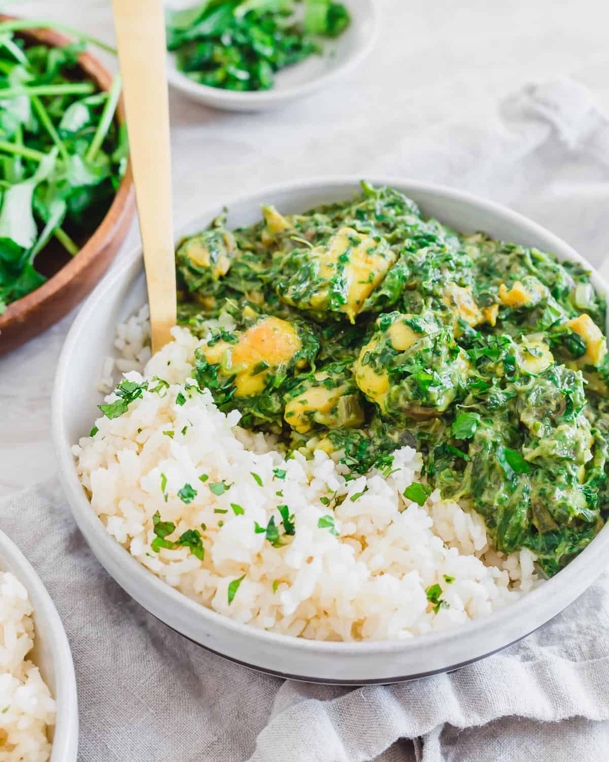 Chicken saag with basmati rice in a bowl with a fork.