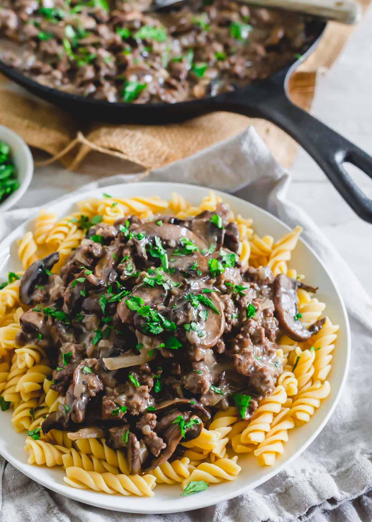 Venison stroganoff recipe over rotini on a white plate.