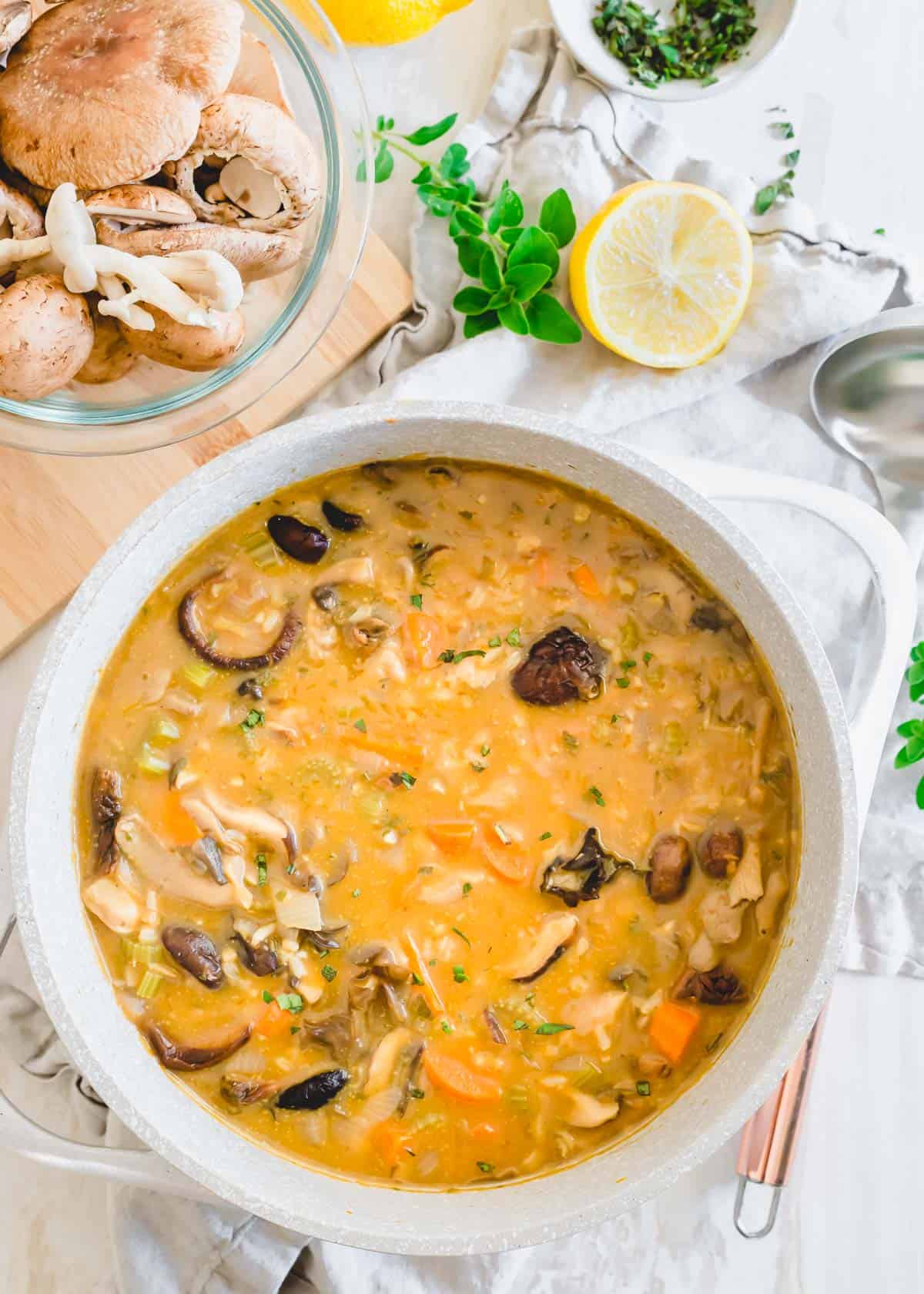 Creamy wild mushroom soup in a pot.