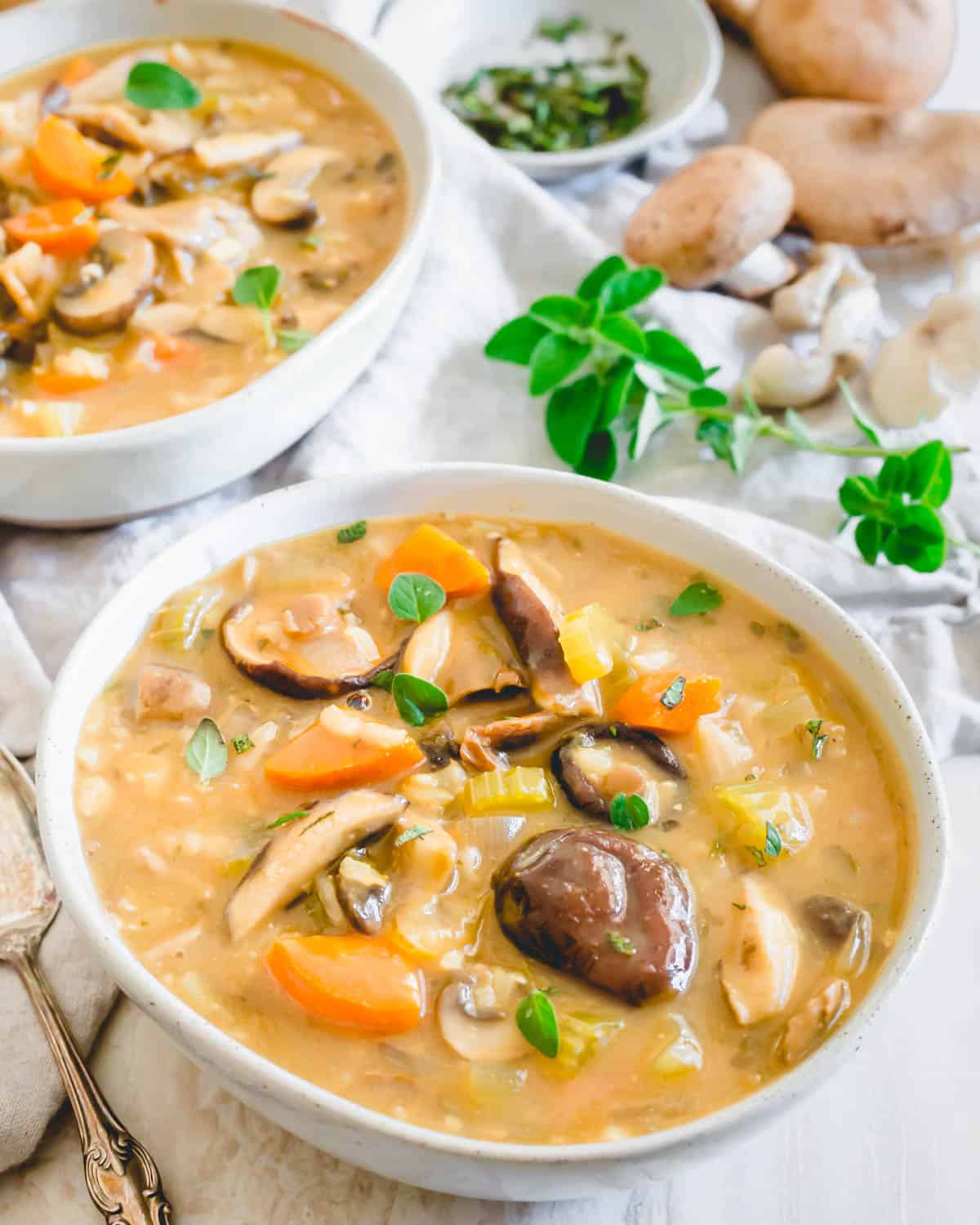 Gluten-free and vegan mushroom soup with rice in a serving bowl.