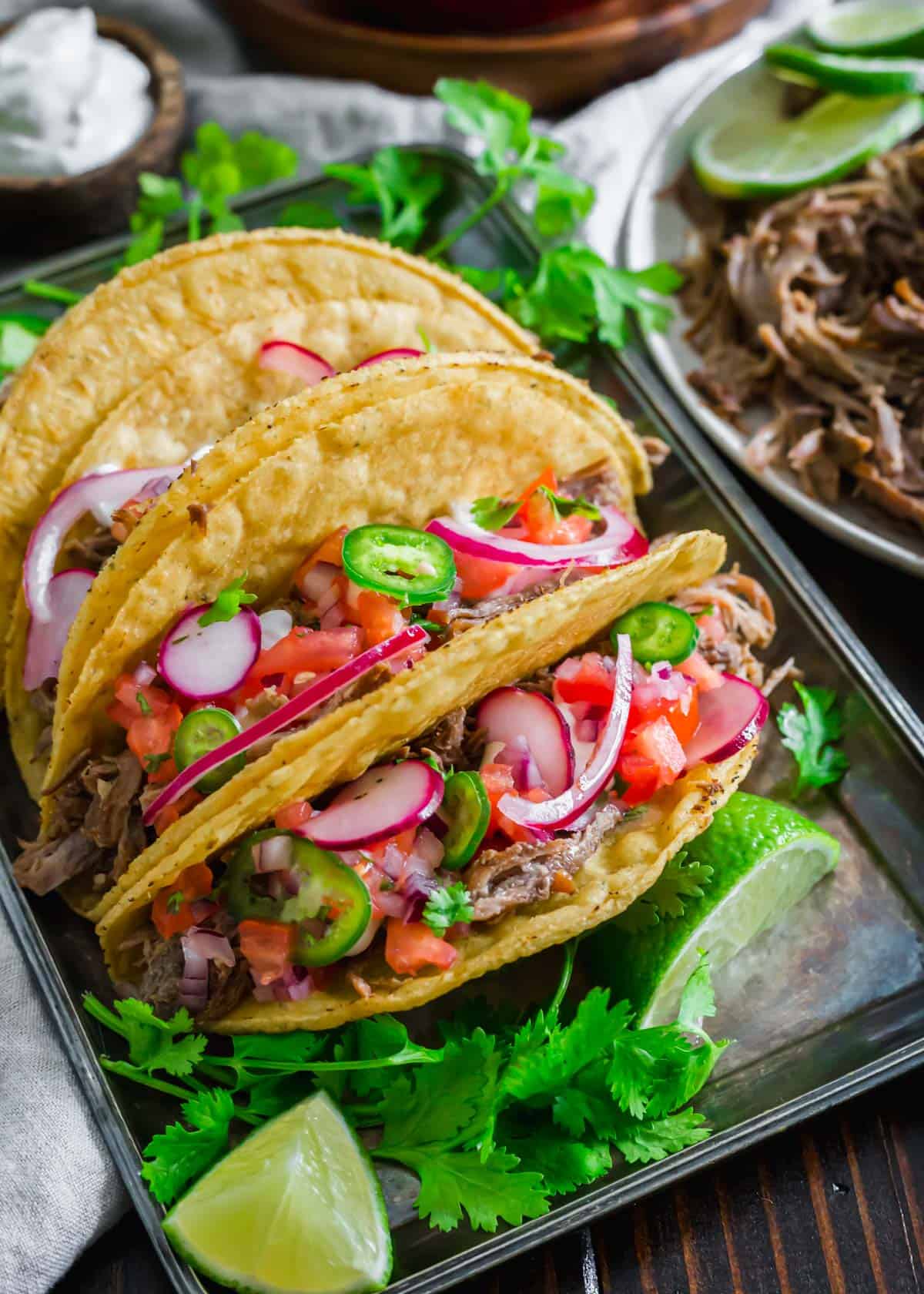 Lamb taco recipe with jalapenos, pickled radishes and red onions and fresh cilantro.