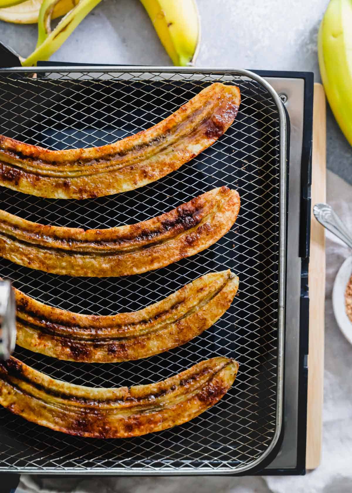 Roasted cinnamon sugar bananas in the air fryer.