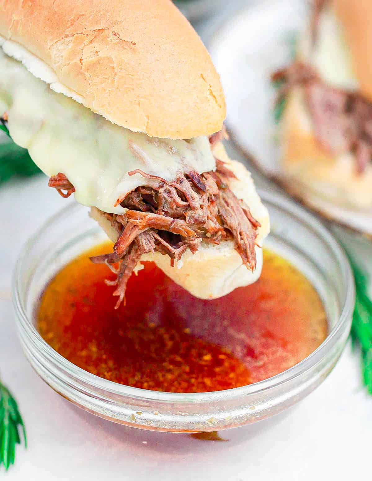 Tri tip sandwich dipped in au jus.