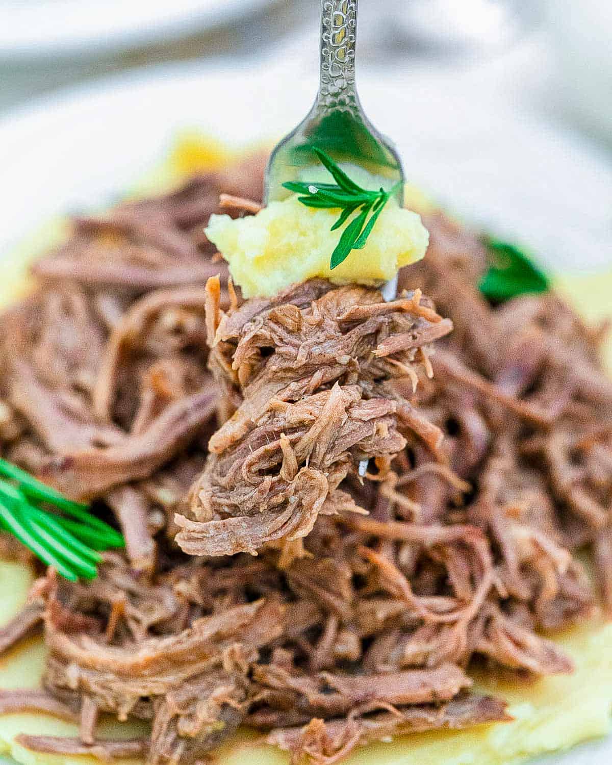 Tender juicy shredded slow cooker tri tip on a fork with mashed potatoes.