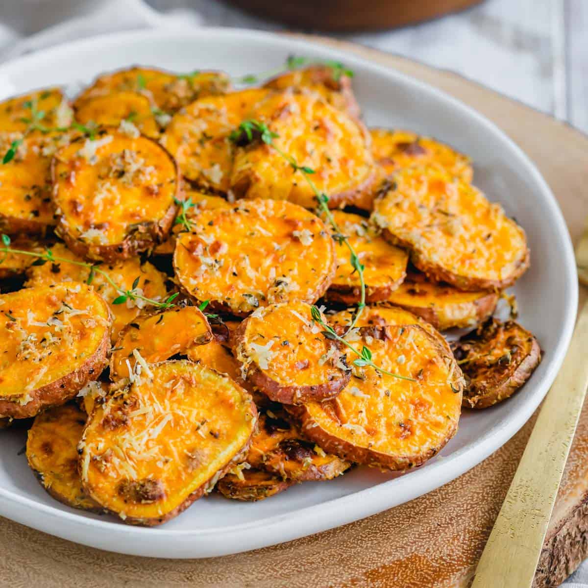 Air fried sweet potatoes with parmesan and herbs.