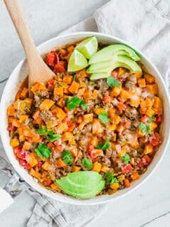 Ground beef and sweet potato skillet.
