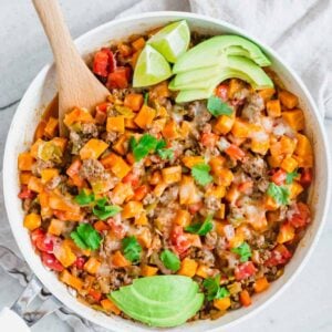 Ground beef and sweet potato skillet.