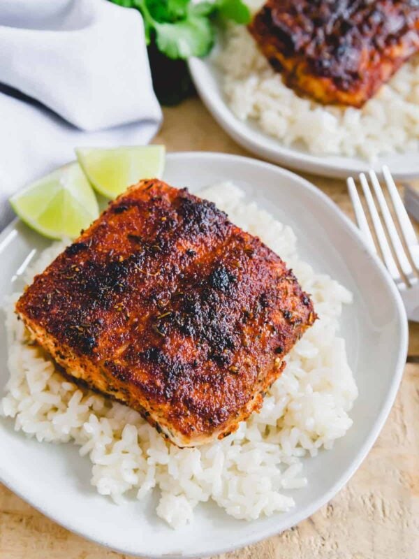 Blackened mahi mahi over rice.