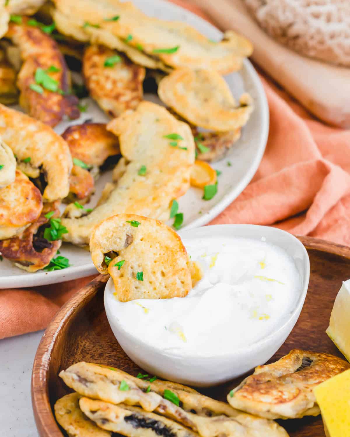 Fried portobello mushroom recipe dipped into a yogurt sauce.